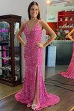 Straps Pink Sequin V Neck Mermaid Long Formal HZ0307