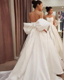 LTP0810,Noble White Simple Designed Satin Wedding Dresses Big Bow Sash A Line Backless Sweetheart Western Bridal HZ0307