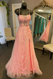 Straps Pink Floral Embroidered A-line Long Formal HZ0307