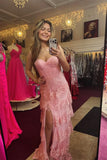 Straps Pink Appliques Tiered Ruffles Long Party HZ0307