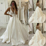 White v neck satin lace long prom dress evening HZ0307
